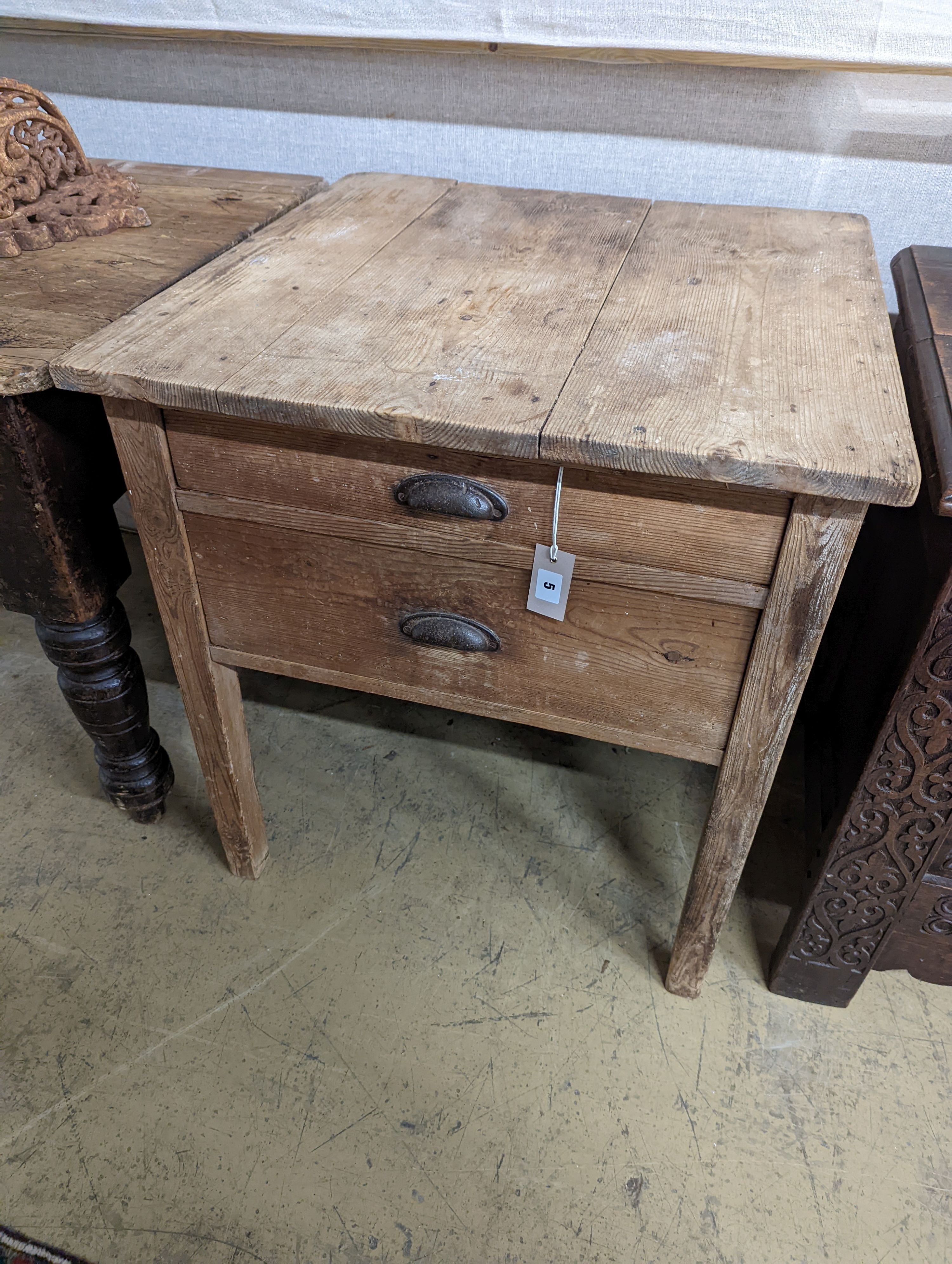 A Victorian pine two drawer chest. W-68cm, D-69cm, H-73cm